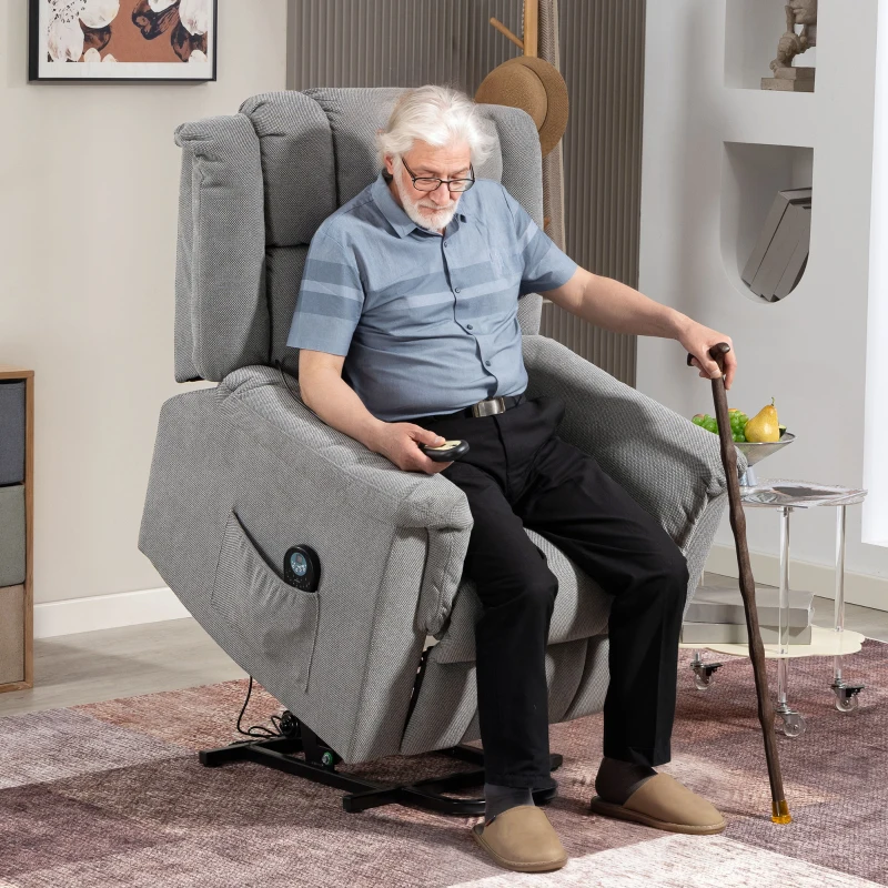 HOMCOM Powerlift-stoel, Massagestoel met Verwarmingsfunctie, Polsterstoel met Voetsteun, Zijvak, Stofbekleding, Donkergrijs