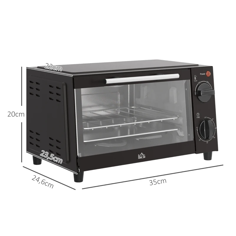 HOMCOM Mini-Oven, 9 Liter Inhoud, Temperatuur en Kooktijd Instelbaar, met Grillrek en Bakplaat, Zwart(m-3)