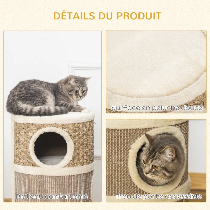 PawHut Tonneau à Gratter pour Chat, Arbre à Chat Sisal Naturel et Herbiers Marins Recouvert de Peluche, 37,5 x 37,5 x 70 cm, Kaki et Café