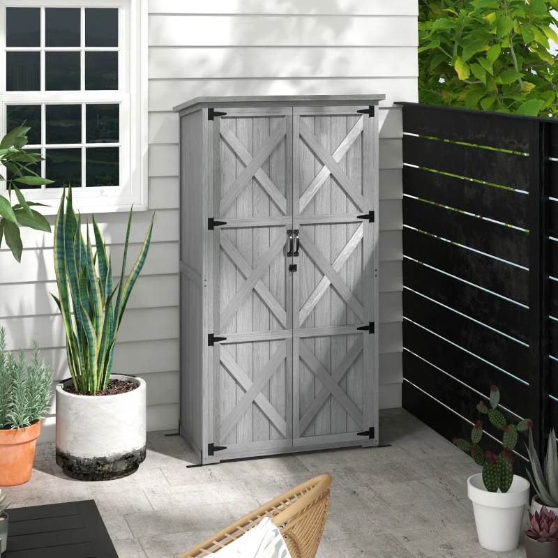 Outsunny Armoire de jardin, abri jardin sur pied, avec 2 étagères, toit incliné et bitumé, en bois massif, 90x54,5x168,5cm, gris