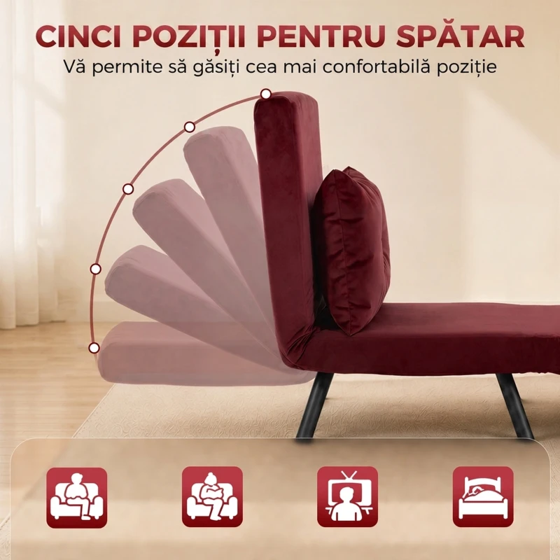 HOMCOM Fotoliu Pat Pliabil cu Spătar Reglabil, pentru O Persoană, Roșu Vișiniu