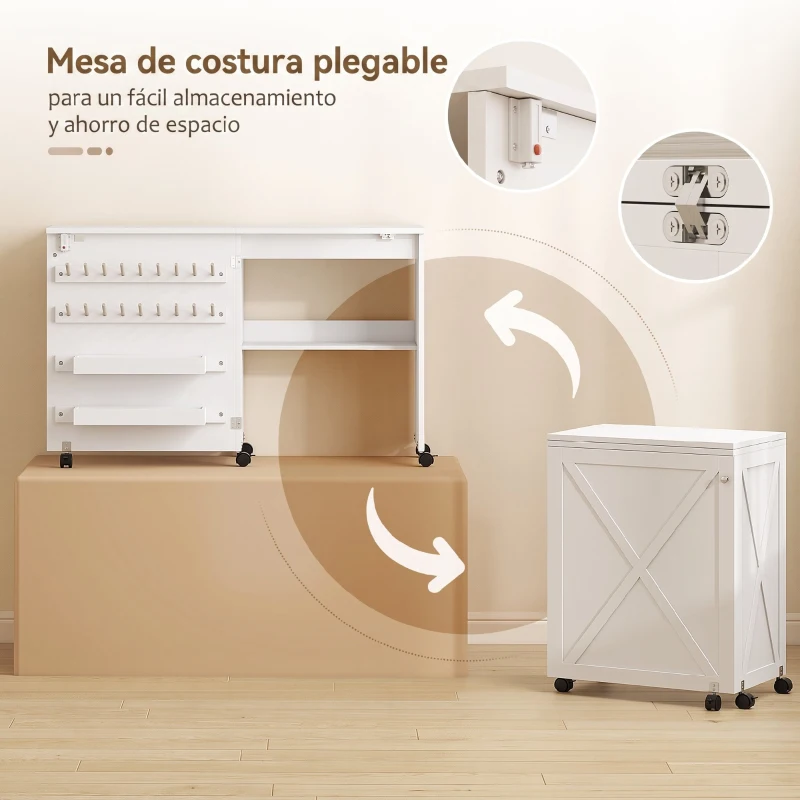 HOMCOM Mesa Máquina de Coser Plegable con Puerta Magnética 2 Compartimentos Estante 18 Soportes para Hilos 5 Ruedas Blanco