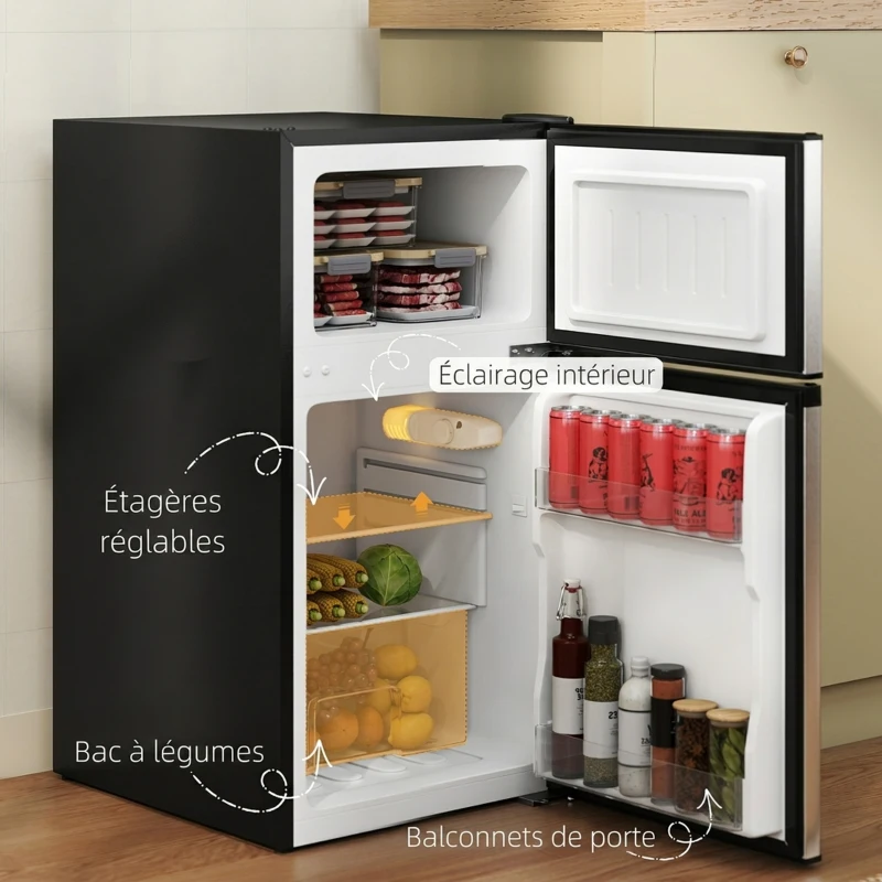 HOMCOM Réfrigérateur congélateur 88 L, petit réfrigérateur combiné avec portes réversibles et éclairage, 45,5x50x86,5cm, noir