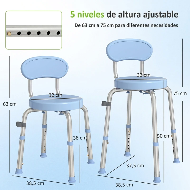 HOMCOM Silla Ducha Personas Mayores Giratorio 360° con Respaldo Antideslizante Altura Regulable Silla de Baño de Aluminio Azul