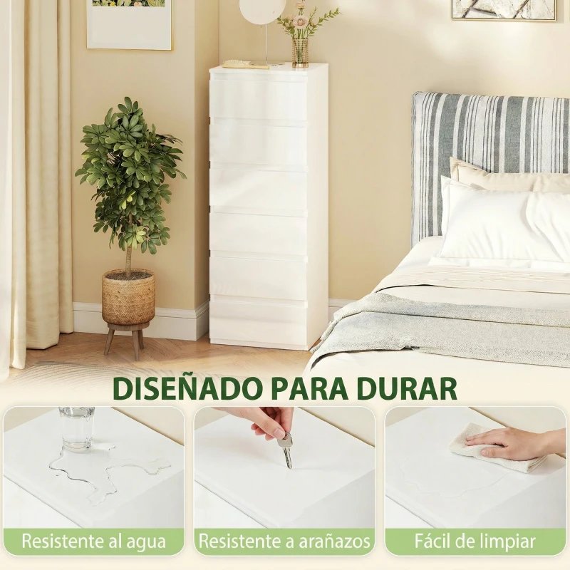 HOMCOM Cómoda de Dormitorio con 6 Cajones Estrecha Sinfonier Ahorro Espacio 40x35x109 cm Blanco Brillo