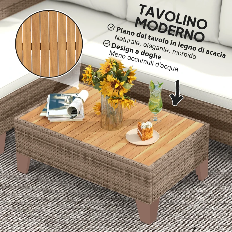 Outsunny Salotto da Giardino in Rattan PE con Divano 2 Posti, Chaise Longue e Tavolino da Caffè, Crema