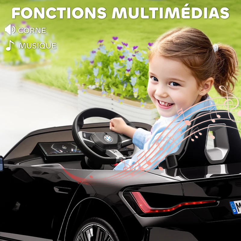 HOMCOM Voiture électrique pour enfants licence BMW I4 12V avec télécommande MP3 Musique Lumières et Ceinture 115x67x45 cm Noir