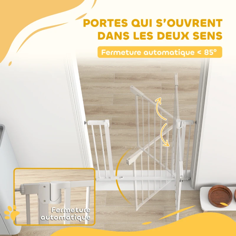 PawHut Barrière de Sécurité pour Chiens et Bébés 76 à 88 cm avec Extension, Fixation par Pression sans Perçage, 76 à 88 cm, Blanc