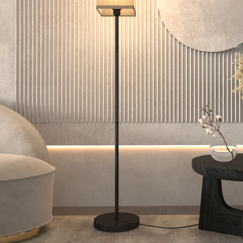 HOMCOM Moderne Staande Lamp met Kap van Kunstlinnen en Voetschakelaar, voor Woonkamer en Slaapkamer, Metaal, Zwart(m-9)