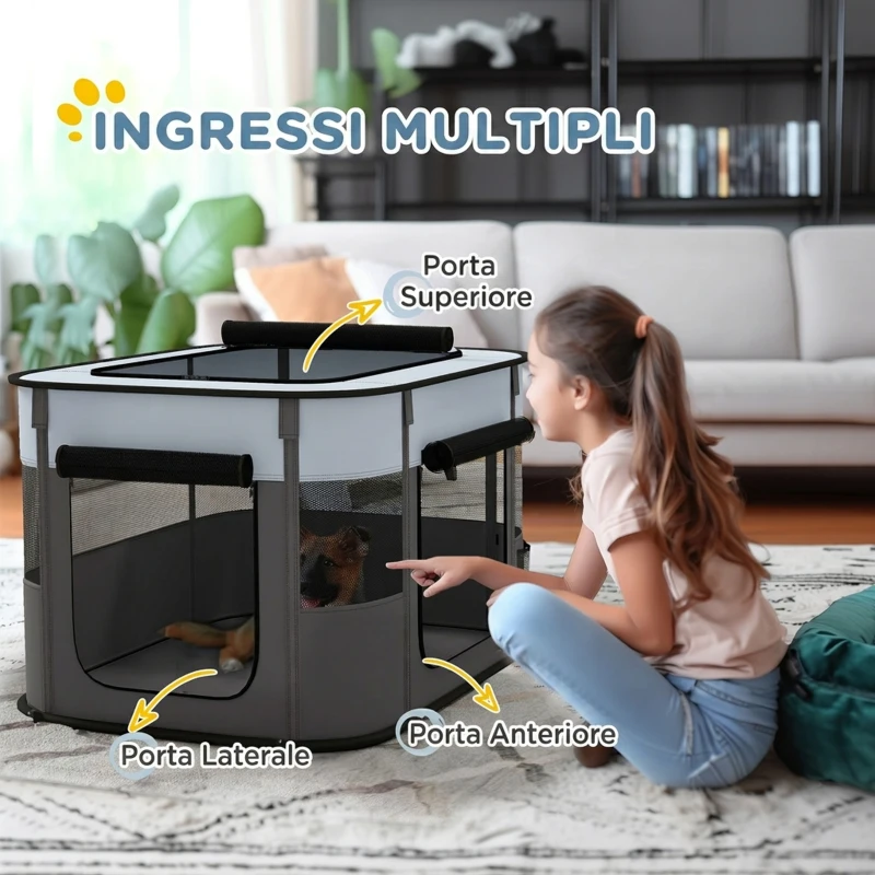 PawHut Box per Animali con 7 Finestre, 3 Porte e 2 Borse Portaoggetti, in Poliestere e Acciaio, 84x64x53 cm