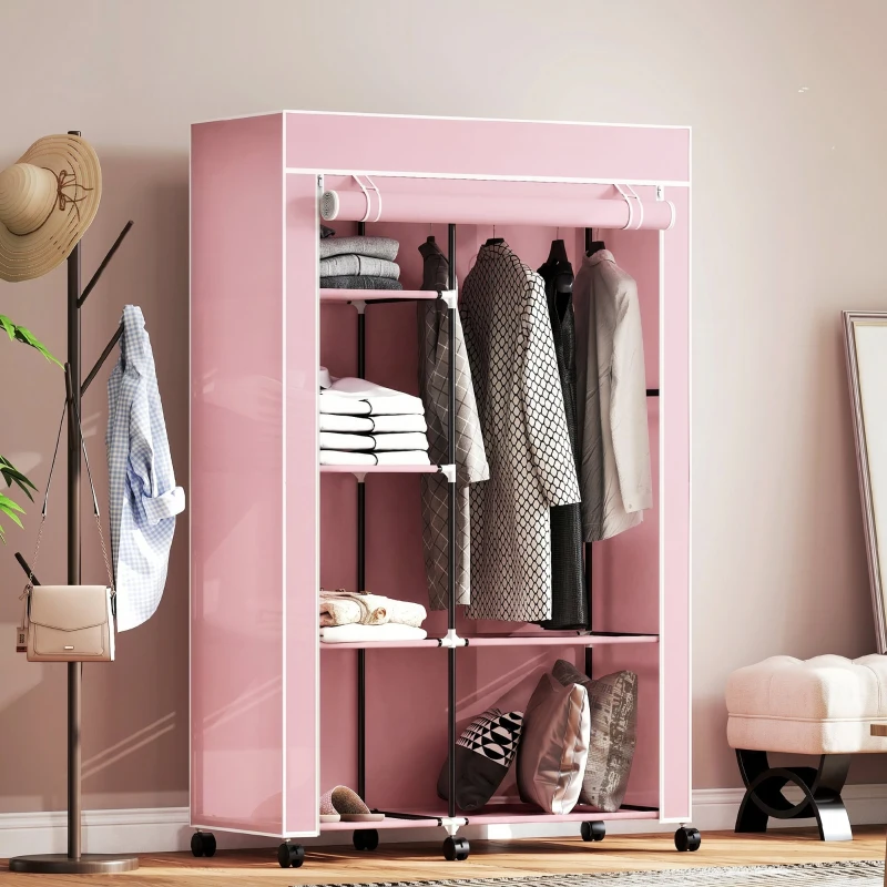 HOMCOM Armoire penderie en tissu meuble de rangement 6 roulettes tringle à vêtements et étagères ouvertes 103x43x162,5cm rose