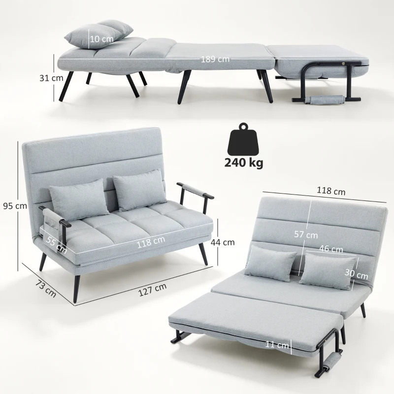 HOMCOM Sofá-cama de 2 Lugares 3 em 1 em Tecido Efeito Linho com Encosto Ajustável Click-Clack, Cinzento-claro