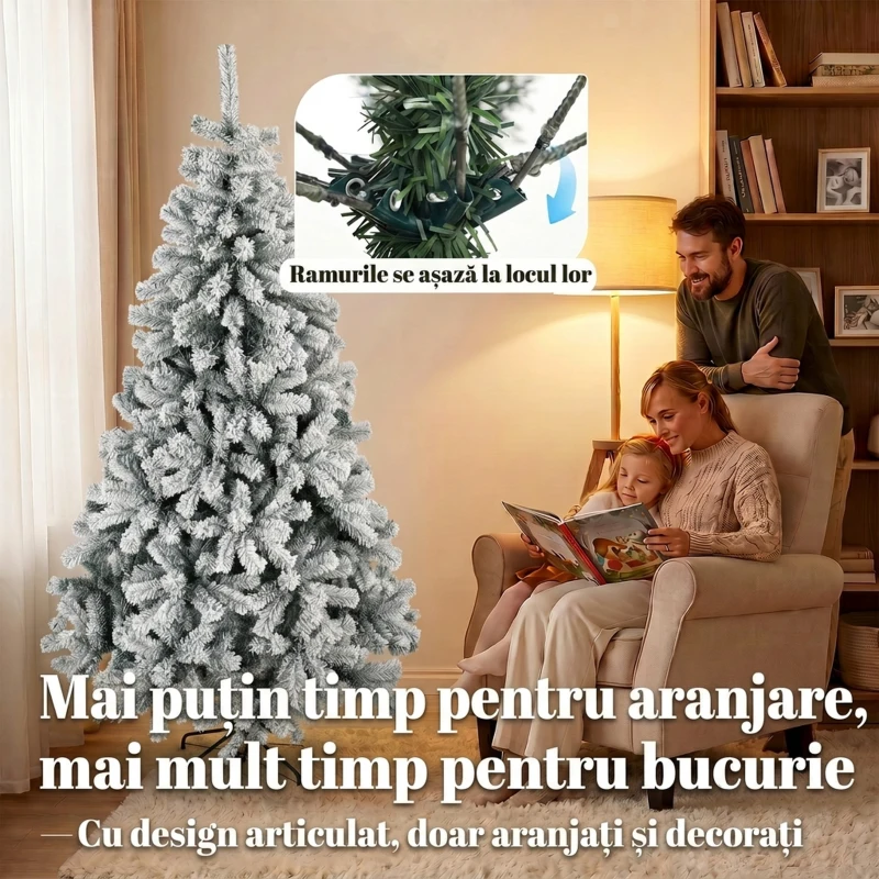 HOMCOM Brad Artificial de Crăciun 180 cm cu 650 Ramuri Ignifuge, Efect Înzăpezit Realist și Bază din Oțel, Verde și Alb