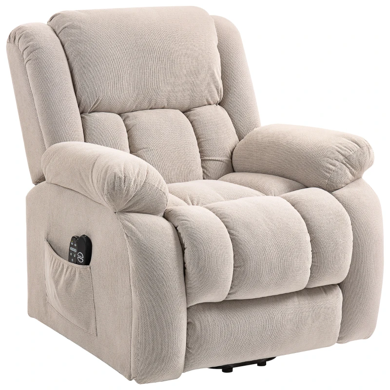 HOMCOM Fernsehsessel mit Massage- und Wärmefunktion, Elektrischer Aufsteh-Sessel, Fernbedienung, Seitentaschen, Beige