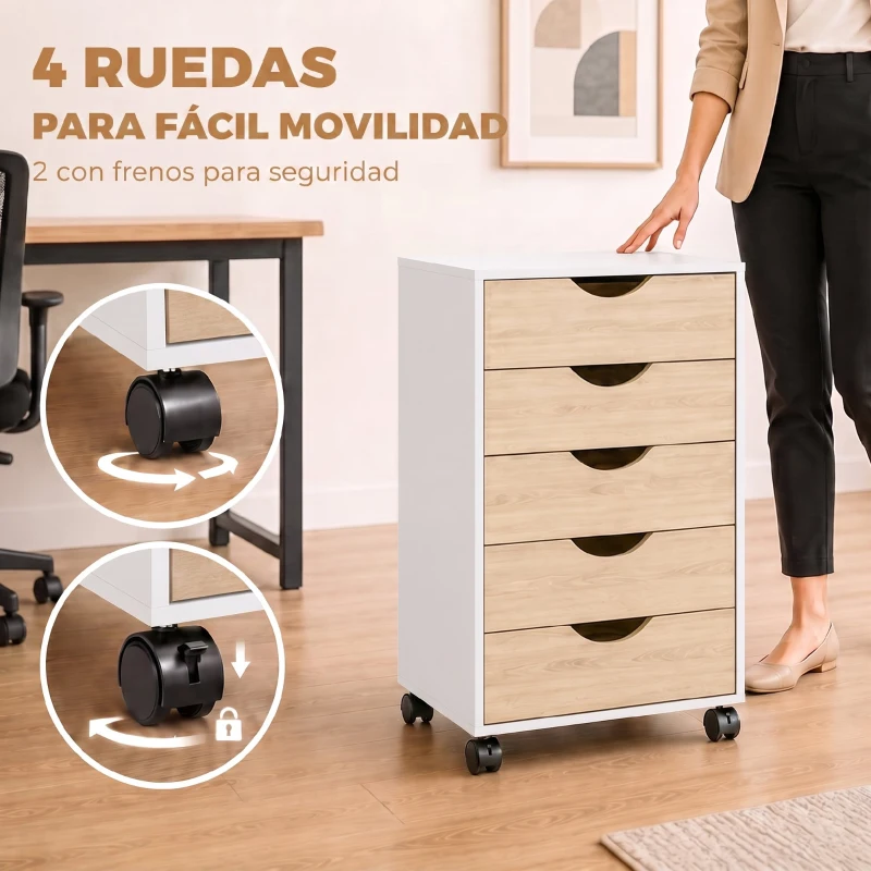 HOMCOM Cajonera Oficina con Ruedas y 5 Cajones Archivador Móvil, para Estudio Salón 40x40x67 cm Blanco y Natural