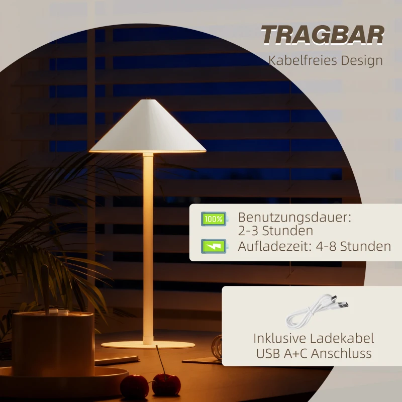 HOMCOM LED-Tafellamp met USB-Kabel, Touch-Schakelaar, Metaal, Oplaadbaar, Wit