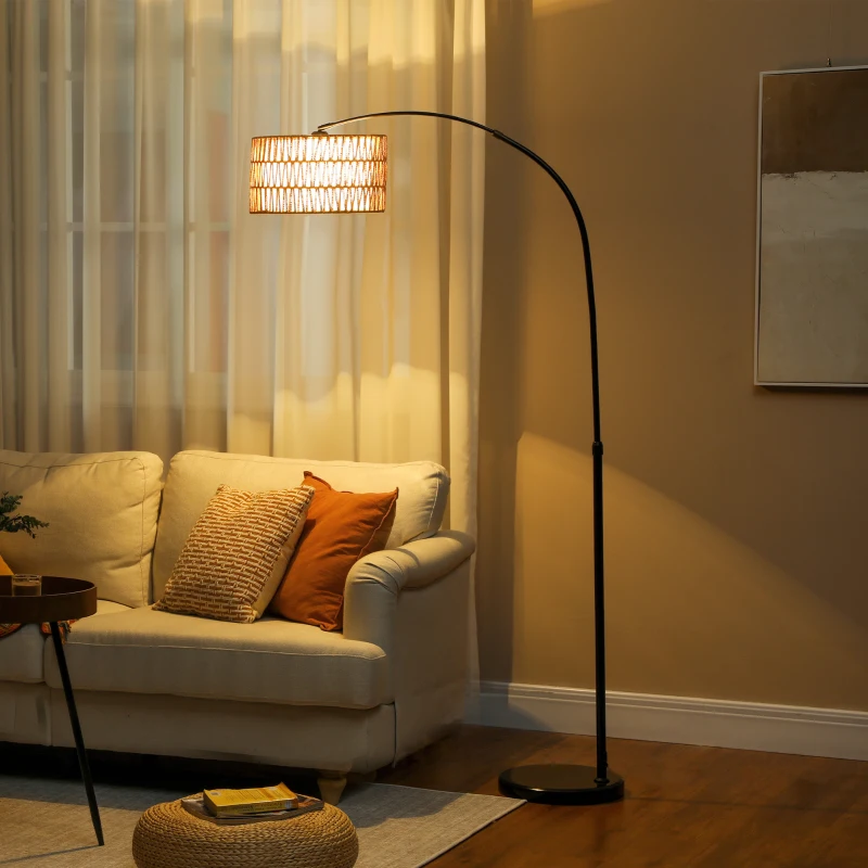 HOMCOM Staande Lamp met Henneptouw Lampenkap, In Hoogte Verstelbaar, Voetschakelaar, Metaal, Zwart