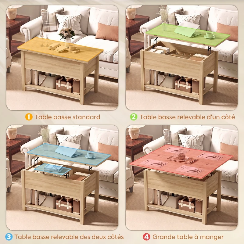HOMCOM Table basse relevable et extensible table de salon avec compartiment caché étagère ouverte 100x45x50,5cm bois naturel