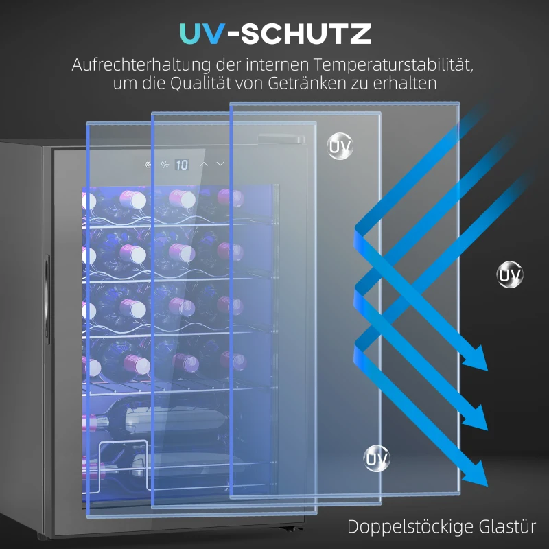 HOMCOM Kleine wijnkoelkast, mini-koelkast voor 20 flessen, 53 liter capaciteit, met glazen deur, LED-verlichting, zwart(m-8)