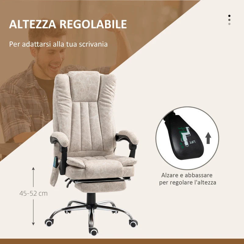 Vinsetto Sedia da Ufficio Massaggiante e Riscaldante con Poggiapiedi, in Microfibra, 62x67x113-120 cm, Crema