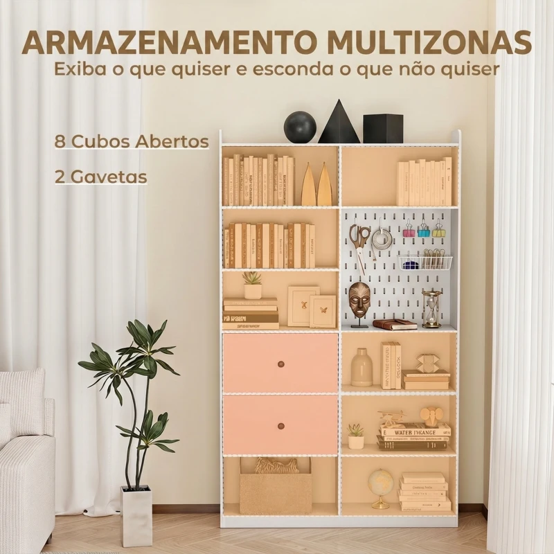 HOMCOM Estante para Livros Alta e Estreita com Painel Perfurado 2 Gavetas e 8 Compartimentos 120x30x200 cm Branco