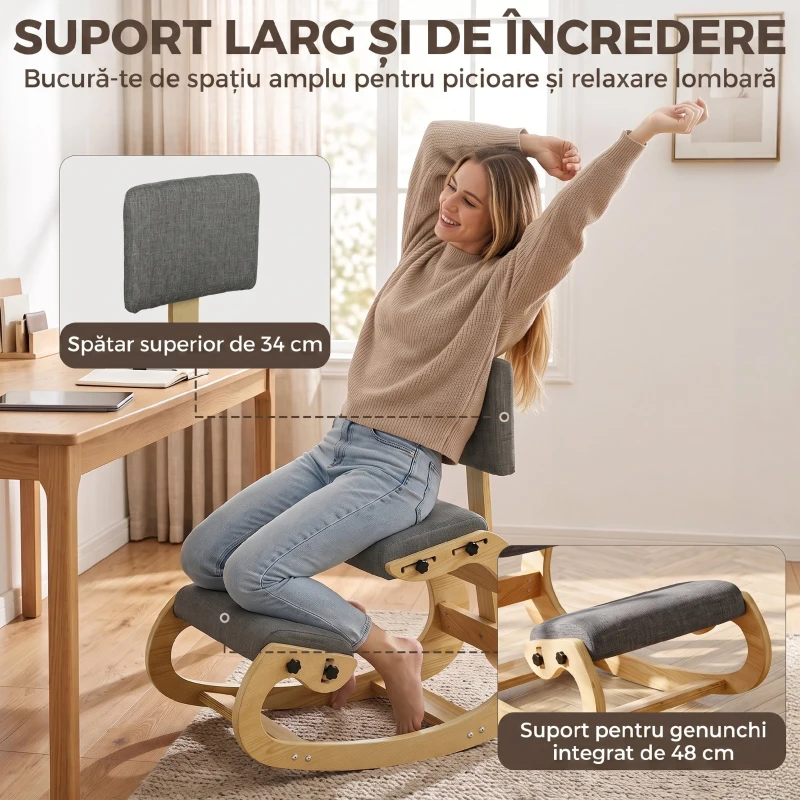 HOMCOM Scaun Ergonomic pentru Genunchi cu Spatar, Balansoar, Postural, In si Lemn Mesteacan, Gri