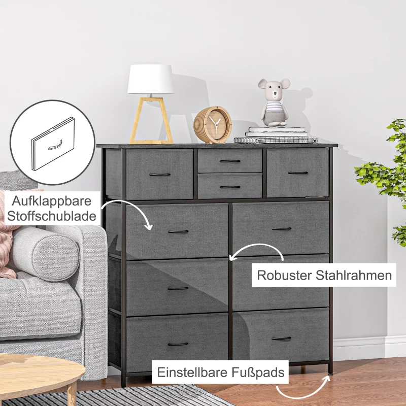 HOMCOM Dressoir, Sideboard met Stoffen Laden, 10 Vakken, Metalen Frame, 100x30x100cm, Zwart