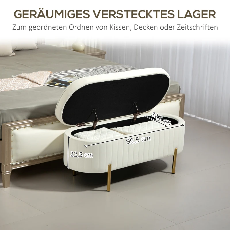 HOMCOM Zitbank met Opklapdeksel en Opbergruimte, Stoffering, Metaal, Creme + Goud(m-6)