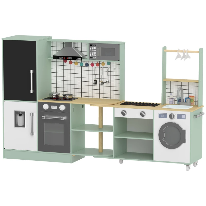 AIYAPLAY Cuisine Enfant Jouet d'Imitation, Micro-Ondes, Four, Plateau Rotatif sur Roulettes, 160x32x97,5cm, Vert Clair