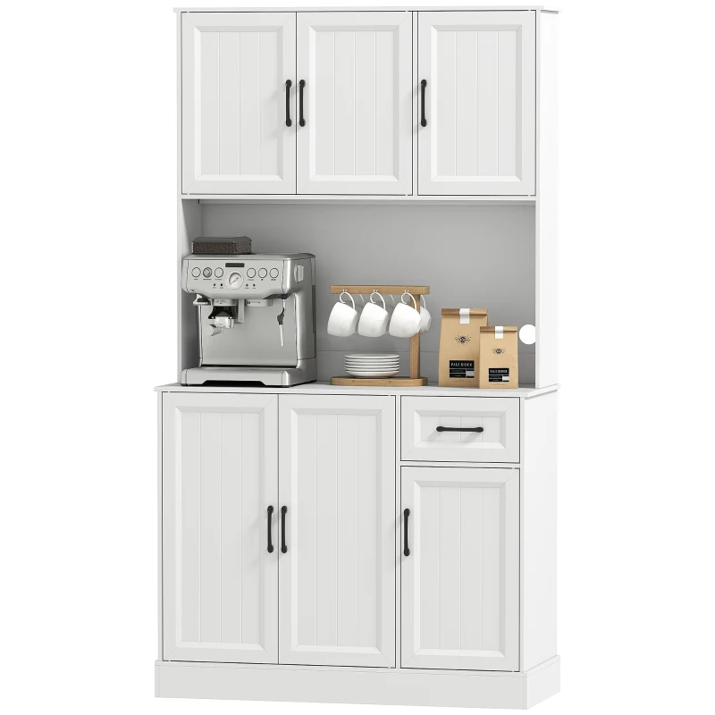 HOMCOM Buffet Haut Cuisine Moderne, 6 Portes, 1 tiroir, 1 Compartiment Ouvert, Étagères Réglables, 100 x 39,5 x 180,5 cm, Blanc(m-13)