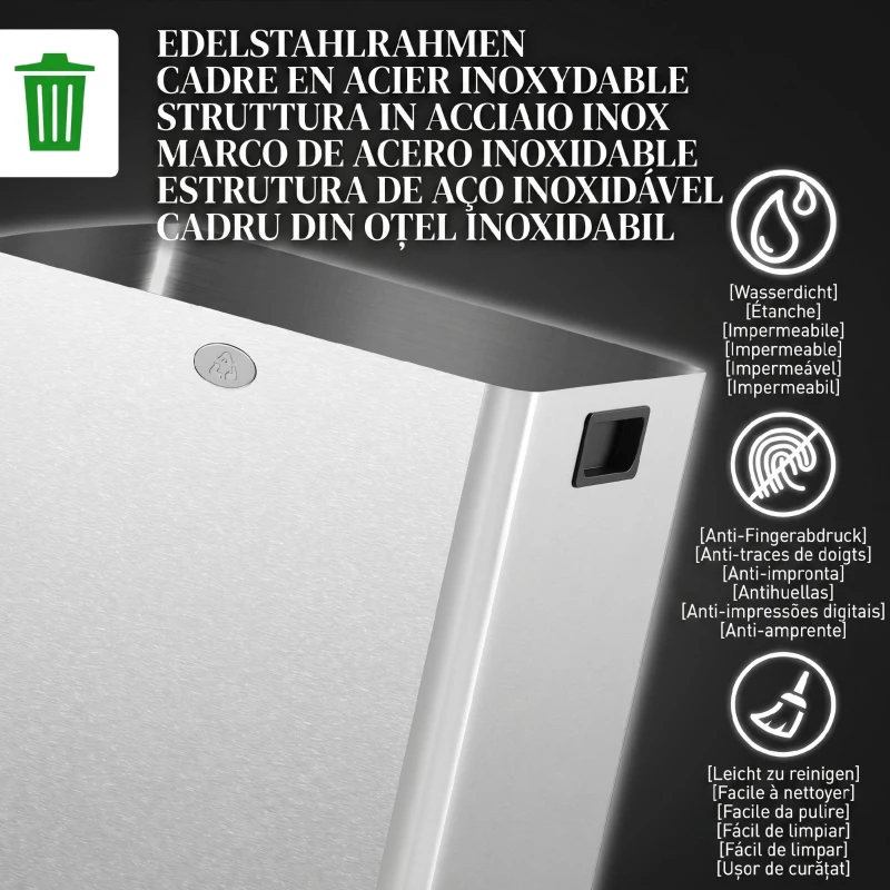 HOMCOM Coș de Gunoi cu 2 Compartimente de 20L cu Închidere Silențioasă, din Oțel Inoxidabil și PP, 45.8x36x51.6 cm