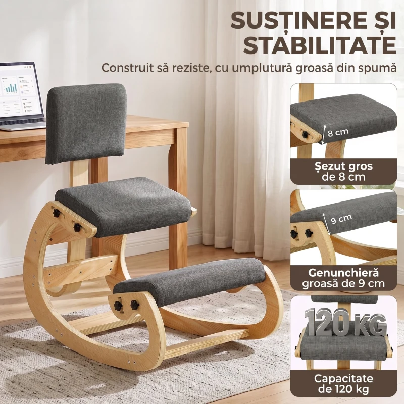 HOMCOM Scaun Ergonomic pentru Genunchi cu Spatar, Balansoar, Postural, In si Lemn Mesteacan, Gri