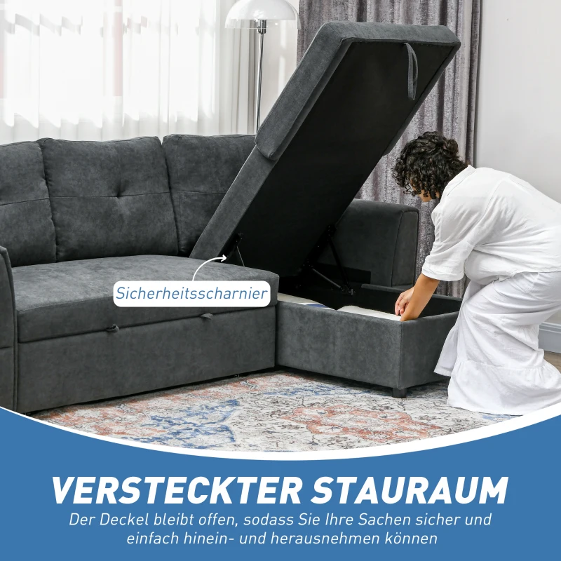 HOMCOM 3-Zit Slaapsofa met bedfunctie, slaapbank met chaise longue, gestoffeerde bank, Donkergrijs
