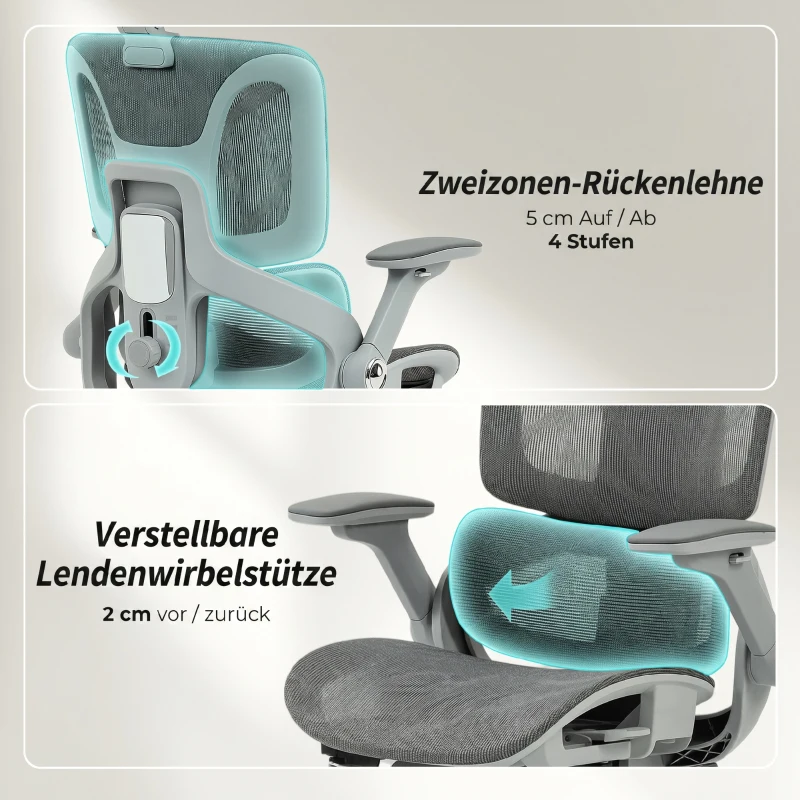 HOMCOM Ergonomische mesh bureaustoel met gesplitste rugleuning, lendensteun en 4D opklapbare armleuningen, grijs