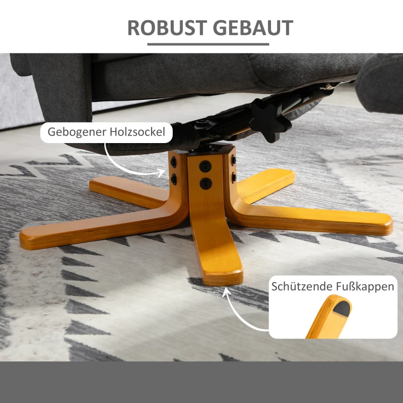 HOMCOM Verstelbare Fauteuil met Voetenbankje met Hoge Rugleuning en Houten Frame voor Woonkamer, Slaapkamer, Donkergrijs