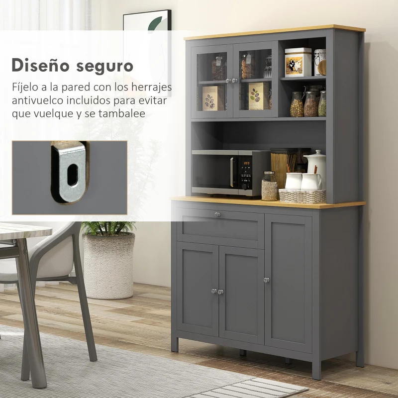 HOMCOM Alacena de Cocina Mueble Auxiliar de Cocina con 5 Puertas Estante Ajustable y Encimera de Microondas 100x40x180cm Gris