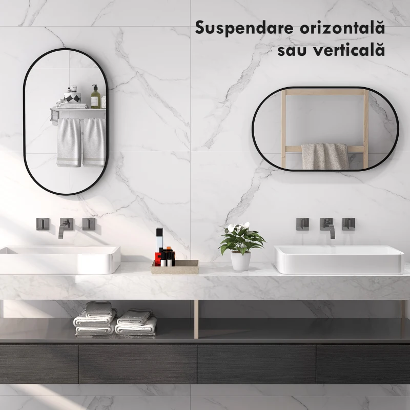 HOMCOM Oglindă Baie Ovală de Perete cu Ramă din Aluminiu, Verticală sau Orizontală, 40 x 70 cm, Negru