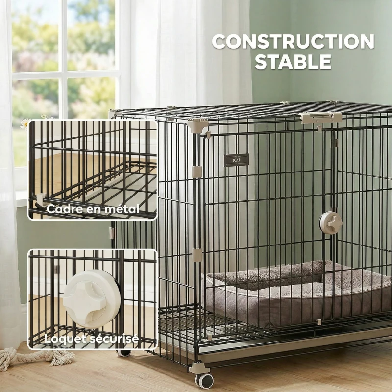 PawHut Cage pour Chien, Plateau Amovible, Roues avec Freins, Toit Ouvrant Verrouillable, 75,5x46x64,5cm, Noir