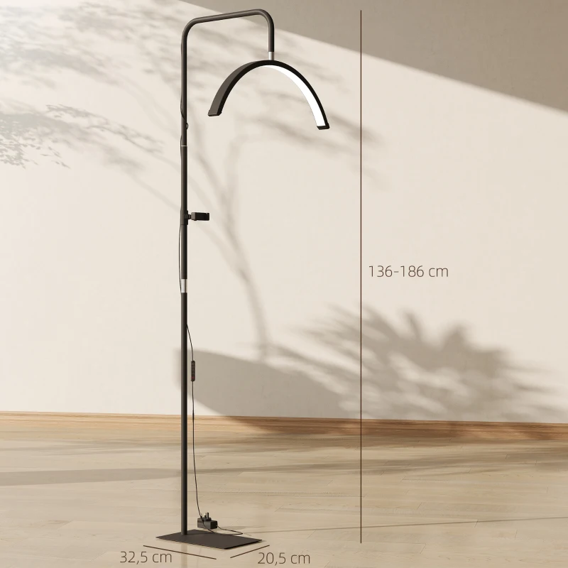 HOMCOM Candeeiro de Pé Meia Lua  com Cabeça Giratória 350° 7 Temperaturas de Cor Brilho Ajustável Suporte para Telemóvel Preto