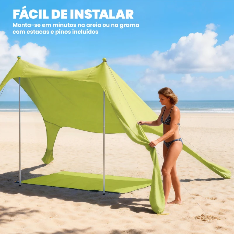 Outsunny Tenda de Praia Dobrável com Tapete UPF50+ Postes de Alumínio Pá Estacas e Bolsa de Transporte 208x200 cm Verde