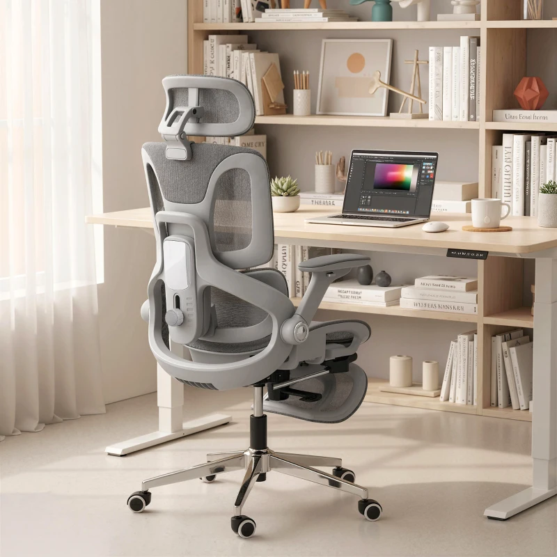 HOMCOM Ergonomische mesh bureaustoel met gesplitste rugleuning, lendensteun en 4D opklapbare armleuningen, grijs