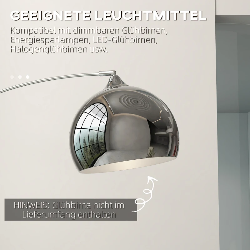 HOMCOM Booglamp, Staande Lamp, Verstelbaar, Voetschakelaar, Voet in Marmerlook, 170-180cm, Zilver/Zwart(m-7)