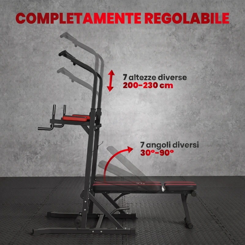 HOMCOM Power Tower Pieghevole con Panca Piana Regolabile, Rack Palestra Multifunzione con Barre per Dip e Trazioni, Altezza Regolabile 7 Livelli, in Acciaio, Allenamento Fitness Casa Palestra, Rosso