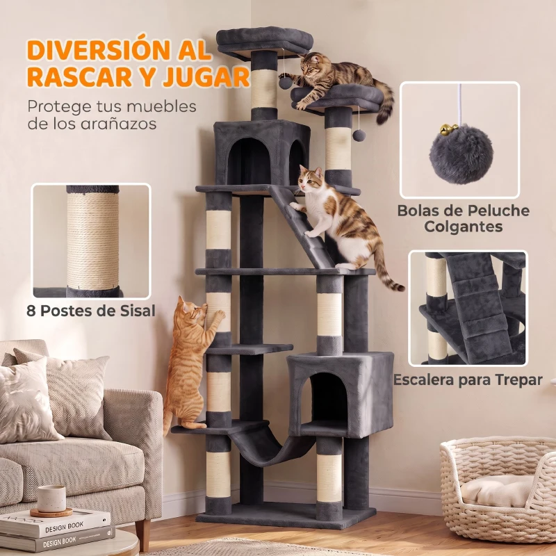 PawHut Árbol Rascador para Gatos 204 cm Multinivel con 2 Cuevas Hamaca 2 Camas Postes de Sisal Escalera 2 Bolas Gris Oscuro