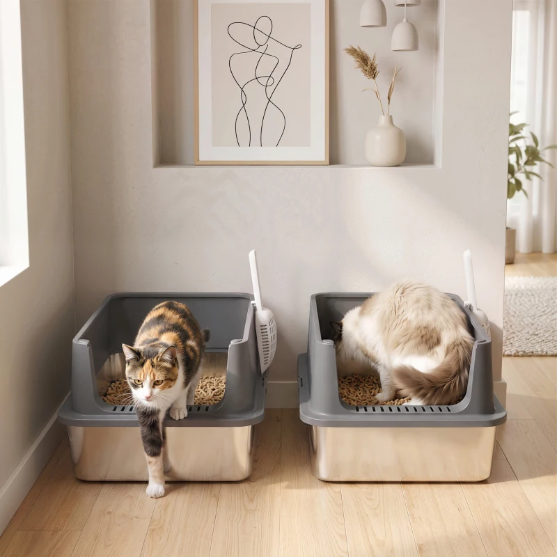 PawHut Juego de 2 Areneros Gatos de Acero Inoxidable XL Borde Alto 2 Palas para Gatos Grandes y Gatitos Múltiples Gris Oscuro