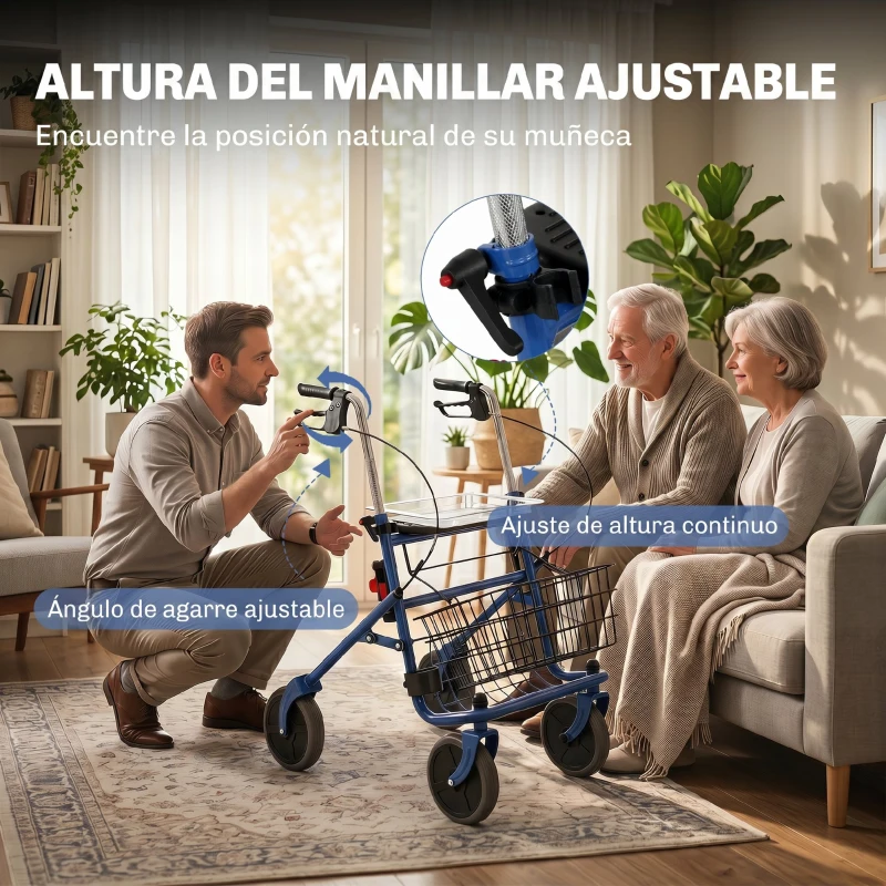 HOMCOM Andador para Ancianos Plegable con Asiento 4 Ruedas Altura Ajustable Frenos de Maneta Cesta Bandeja Porta Bastón Azul