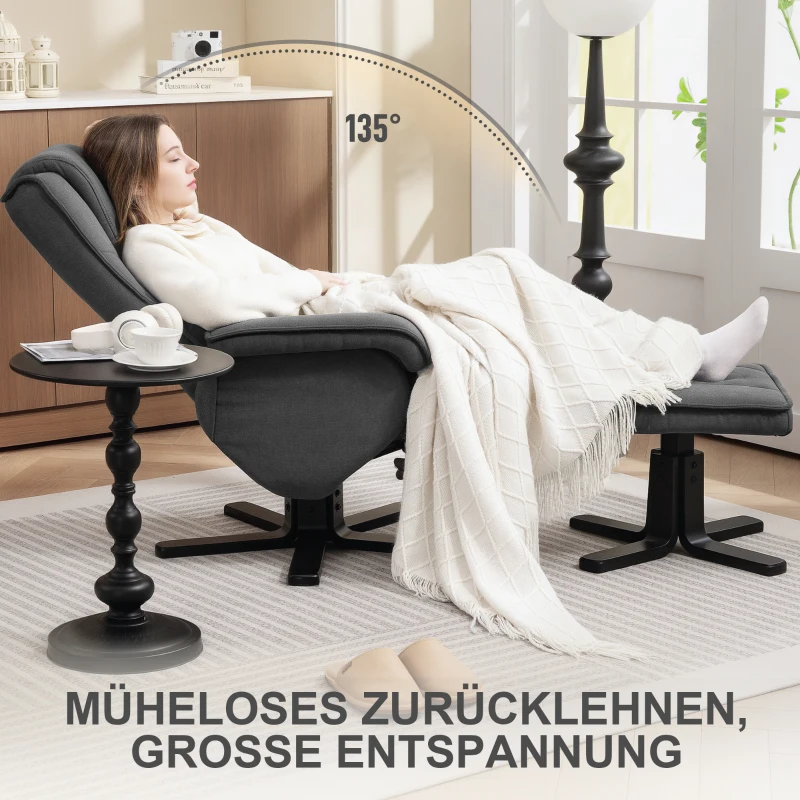 HOMCOM Schommelbare Relaxfauteuil met Voetenbank, Fluweelachtige Stof, Draaibare Gestoffeerde Stoel, Houten Frame, Grijs
