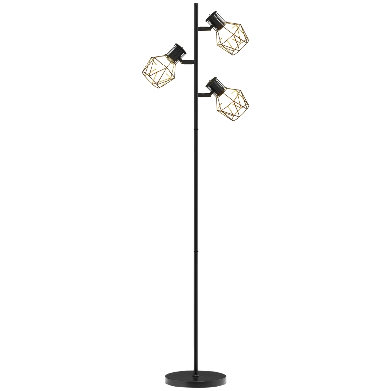 HOMCOM 3-Licht Vloerlamp met Flexibele Verlichtingselementen, Boomachtige Structuur, voor Woonkamer en Slaapkamer, Metaal, Zwart