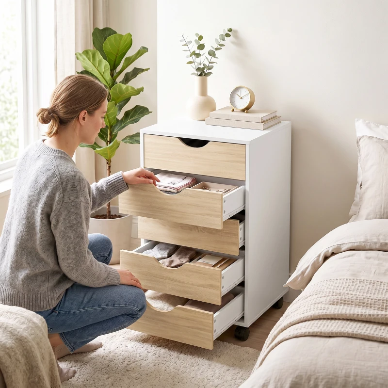 HOMCOM Cajonera Oficina con Ruedas y 5 Cajones Archivador Móvil, para Estudio Salón 40x40x67 cm Blanco y Natural