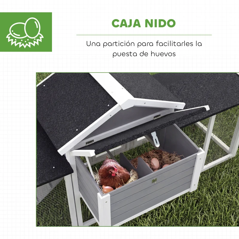 PawHut Gallinero para Exterior Grande de Madera 204x85x93 cm con Caja de Anidación Corral Bandeja Extraíble y Percha Gris